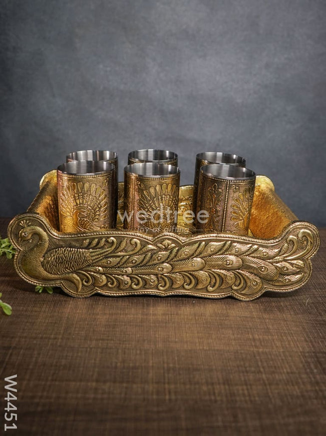 German oxidised tray with 6 glass - W4451