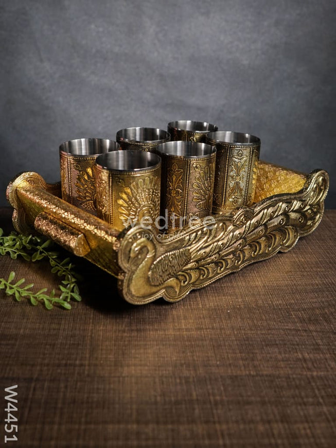 German oxidised tray with 6 glass - W4451
