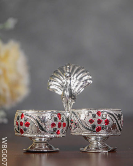 German Silver 2-Cup Kumkum Holder with Meenakari Prints - WBG0076