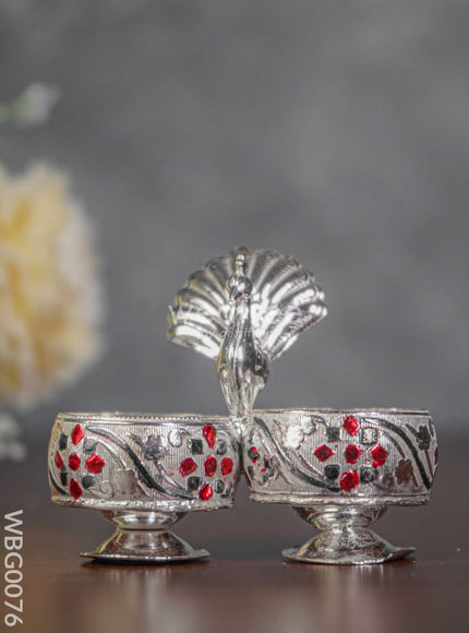 German Silver 2-Cup Kumkum Holder with Meenakari Prints - WBG0076