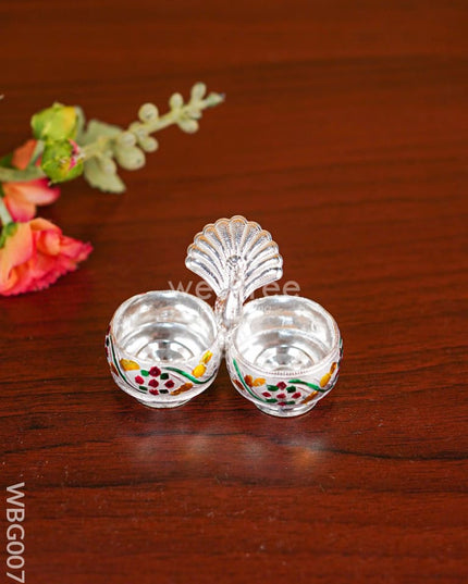 German Silver 2-Cup Kumkum Holder with Meenakari Prints - WBG0076