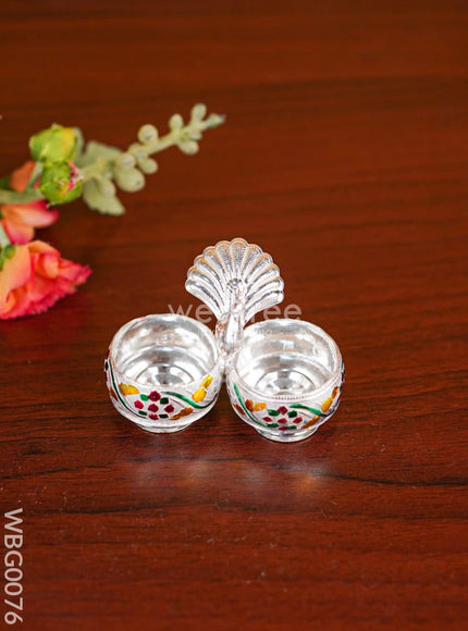 German Silver 2-Cup Kumkum Holder with Meenakari Prints - WBG0076