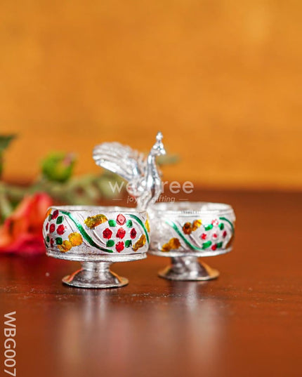 German Silver 2-Cup Kumkum Holder with Meenakari Prints - WBG0076