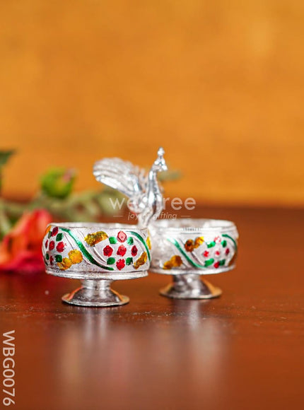 German Silver 2-Cup Kumkum Holder with Meenakari Prints - WBG0076