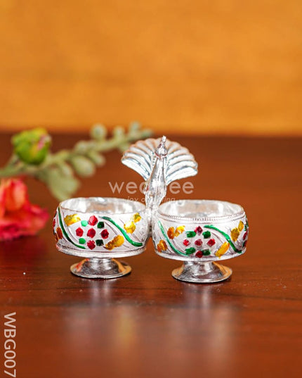 German Silver 2-Cup Kumkum Holder with Meenakari Prints - WBG0076