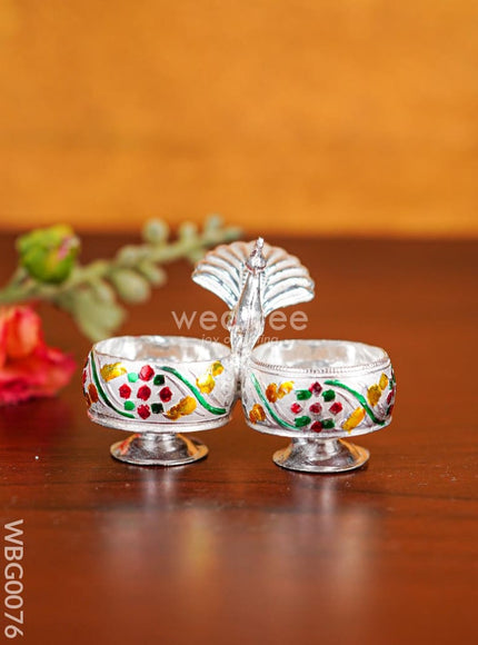 German Silver 2-Cup Kumkum Holder with Meenakari Prints - WBG0076