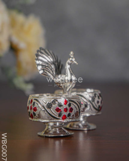 German Silver 2-Cup Kumkum Holder with Meenakari Prints - WBG0076