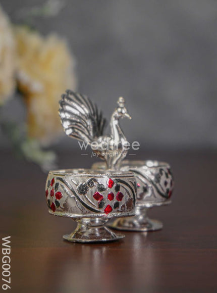 German Silver 2-Cup Kumkum Holder with Meenakari Prints - WBG0076
