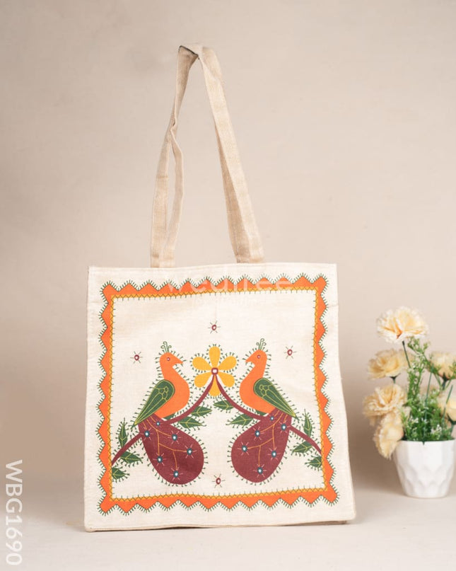 Cloth Handbag with Peacock & Elephant Motif - WBG1690