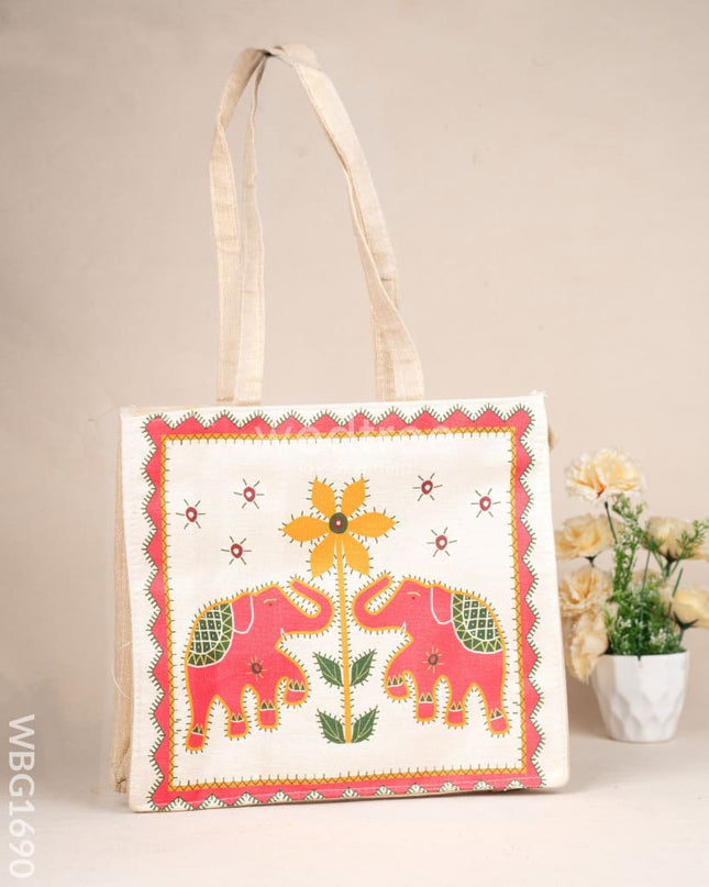 Cloth Handbag with Peacock & Elephant Motif - WBG1690
