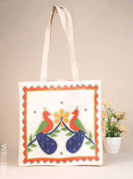 Cloth Handbag with Peacock & Elephant Motif - WBG1690
