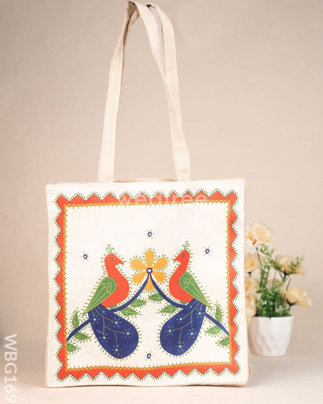Cloth Handbag with Peacock & Elephant Motif - WBG1690