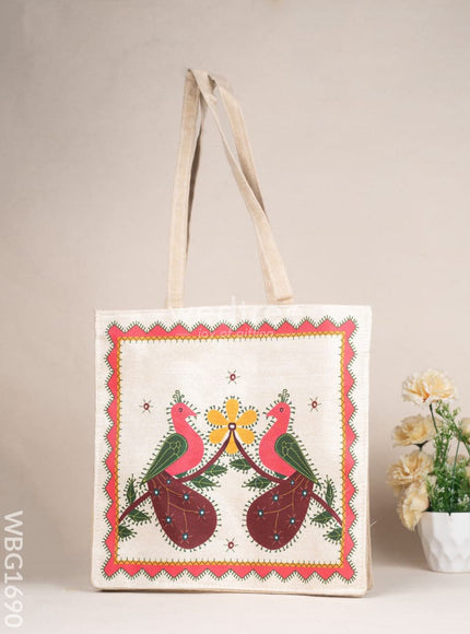 Cloth Handbag with Peacock & Elephant Motif - WBG1690