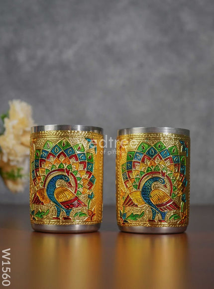 Meenakari Peacock Tray with 2 Glass Set - Gold - W1560