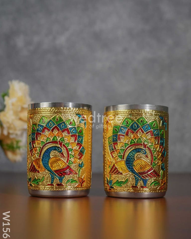 Meenakari Peacock Tray with 2 Glass Set - Gold - W1560