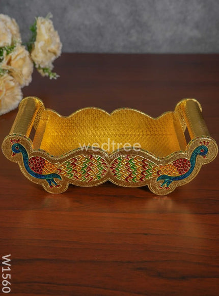 Meenakari Peacock Tray with 2 Glass Set - Gold - W1560