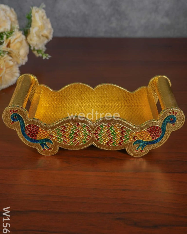 Meenakari Peacock Tray with 2 Glass Set - Gold - W1560