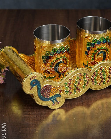 Meenakari Peacock Tray with 2 Glass Set - Gold - W1560