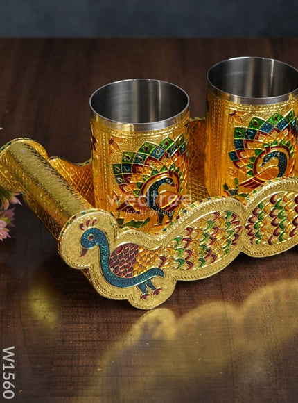 Meenakari Peacock Tray with 2 Glass Set - Gold - W1560
