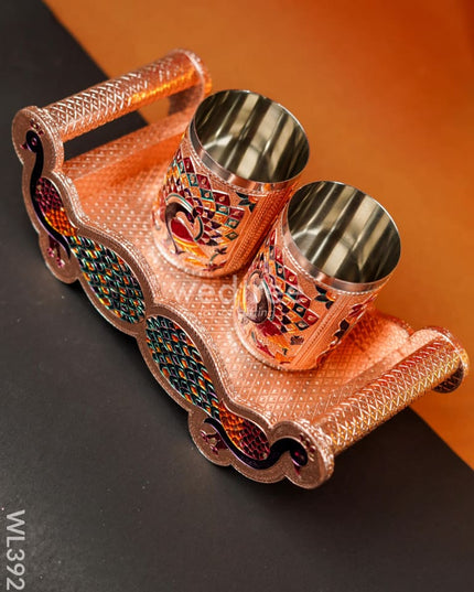 Meenakari Tray with Set of 2 Glass - Copper - WL3928