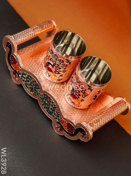 Meenakari Tray with Set of 2 Glass - Copper - WL3928
