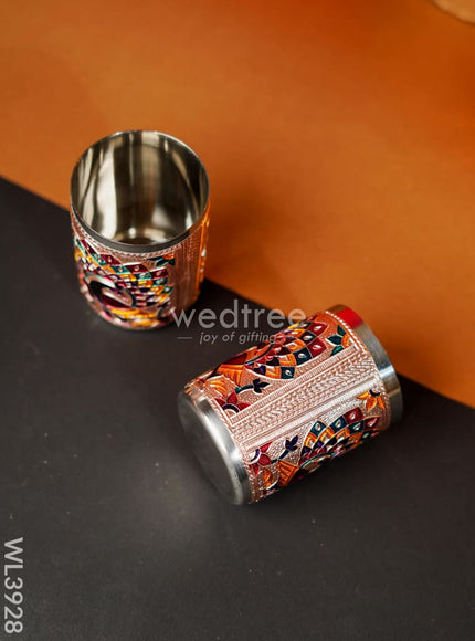 Meenakari Tray with Set of 2 Glass - Copper - WL3928