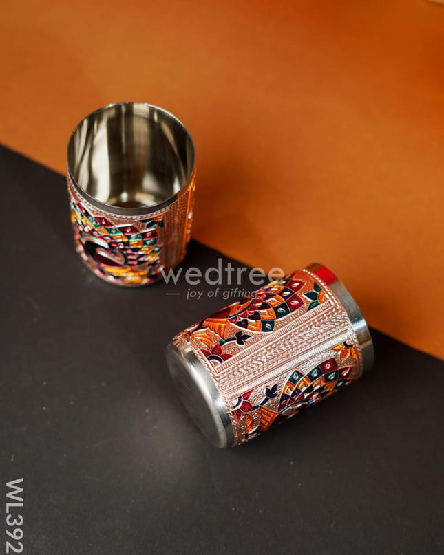Meenakari Tray with Set of 2 Glass - Copper - WL3928