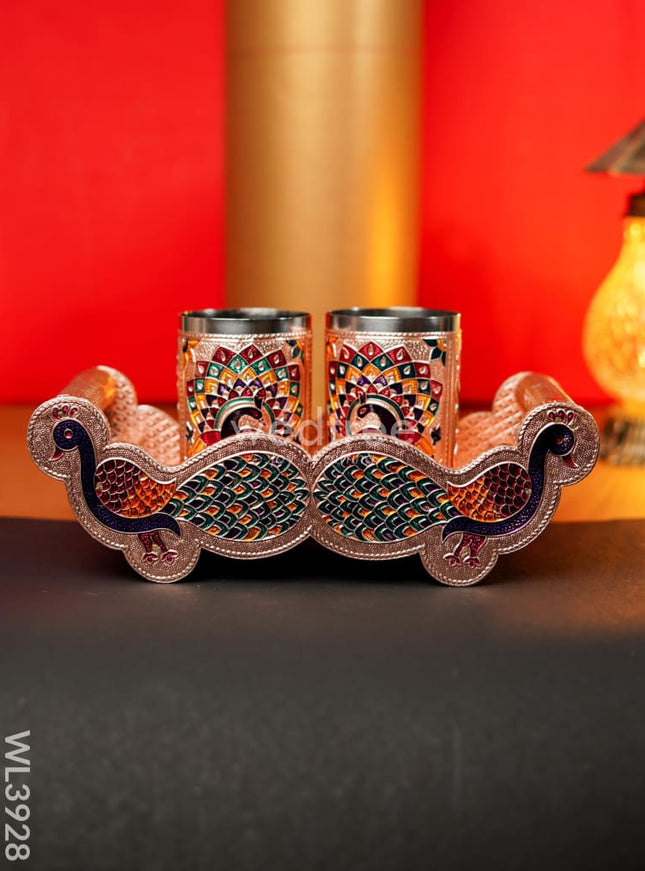 Meenakari Tray with Set of 2 Glass - Copper - WL3928