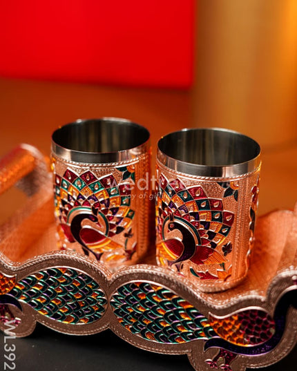 Meenakari Tray with Set of 2 Glass - Copper - WL3928