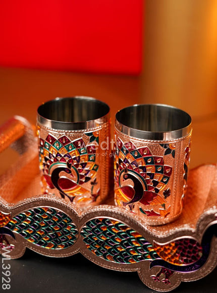 Meenakari Tray with Set of 2 Glass - Copper - WL3928