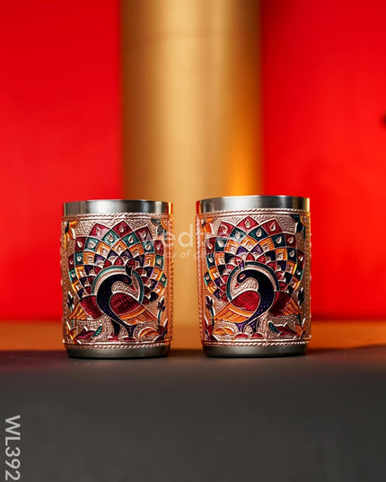 Meenakari Tray with Set of 2 Glass - Copper - WL3928