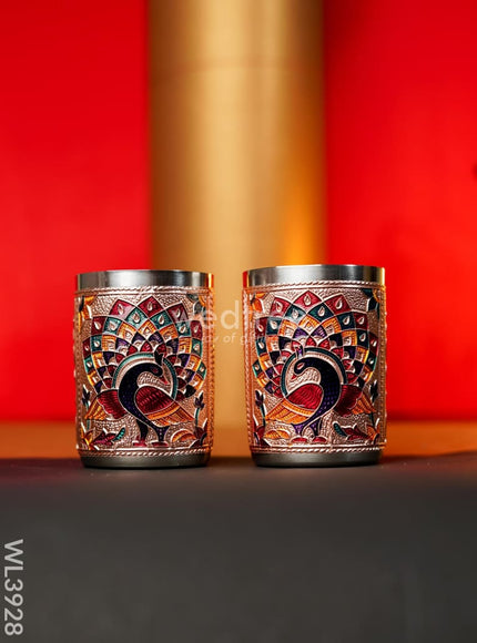 Meenakari Tray with Set of 2 Glass - Copper - WL3928