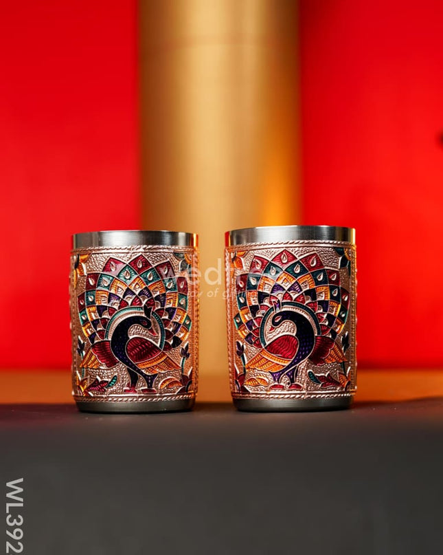 Meenakari Tray with Set of 2 Glass - Copper - WL3928