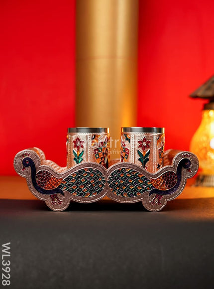 Meenakari Tray with Set of 2 Glass - Copper - WL3928