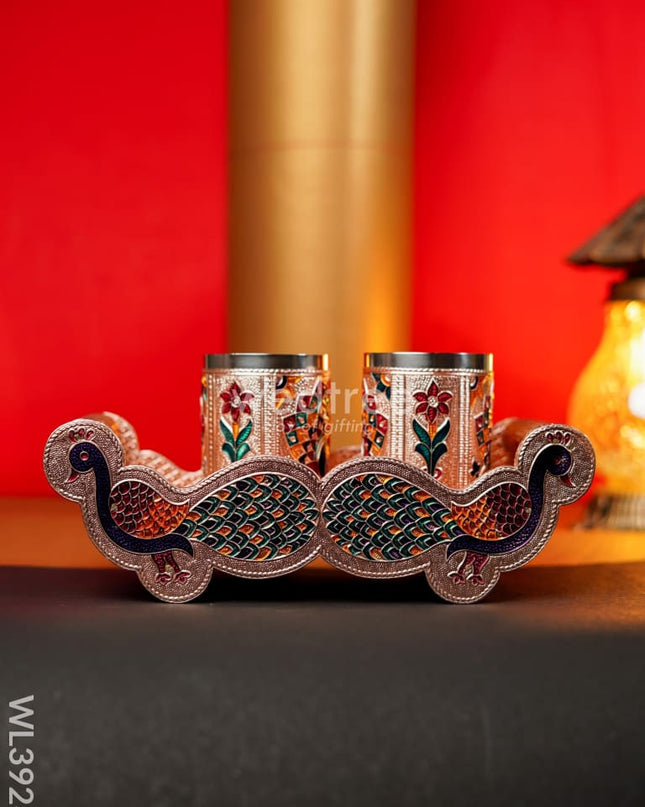 Meenakari Tray with Set of 2 Glass - Copper - WL3928