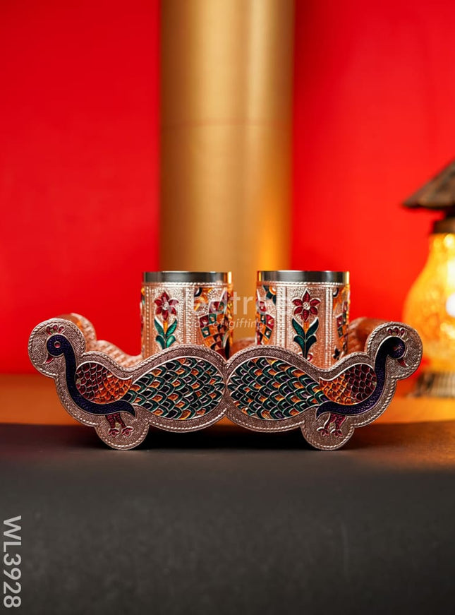 Meenakari Tray with Set of 2 Glass - Copper - WL3928