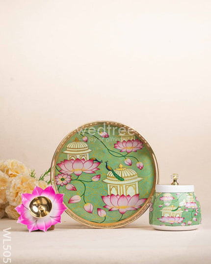 Mugal Art Themed Metal Tray with Dry Fruit Jar and Diya Set - WL5055