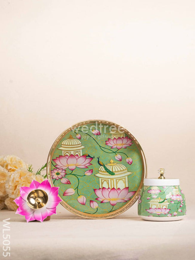 Mugal Art Themed Metal Tray with Dry Fruit Jar and Diya Set - WL5055