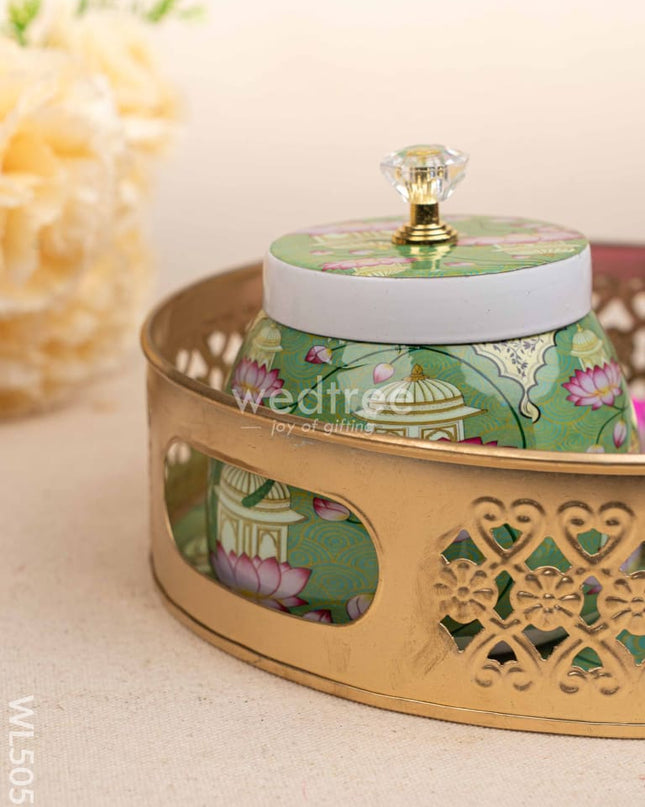 Mugal Art Themed Metal Tray with Dry Fruit Jar and Diya Set - WL5055