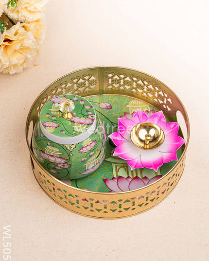 Mugal Art Themed Metal Tray with Dry Fruit Jar and Diya Set - WL5055