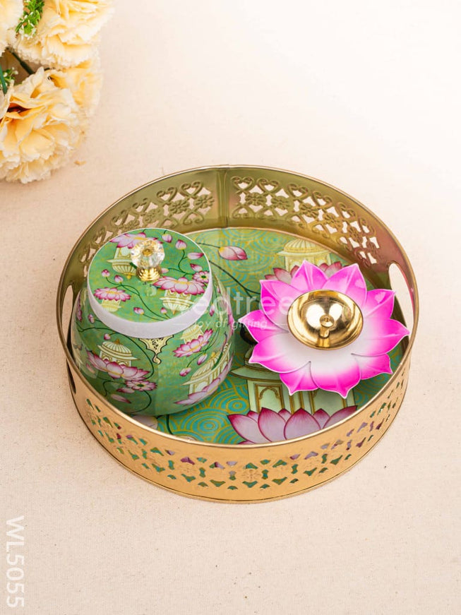 Mugal Art Themed Metal Tray with Dry Fruit Jar and Diya Set - WL5055