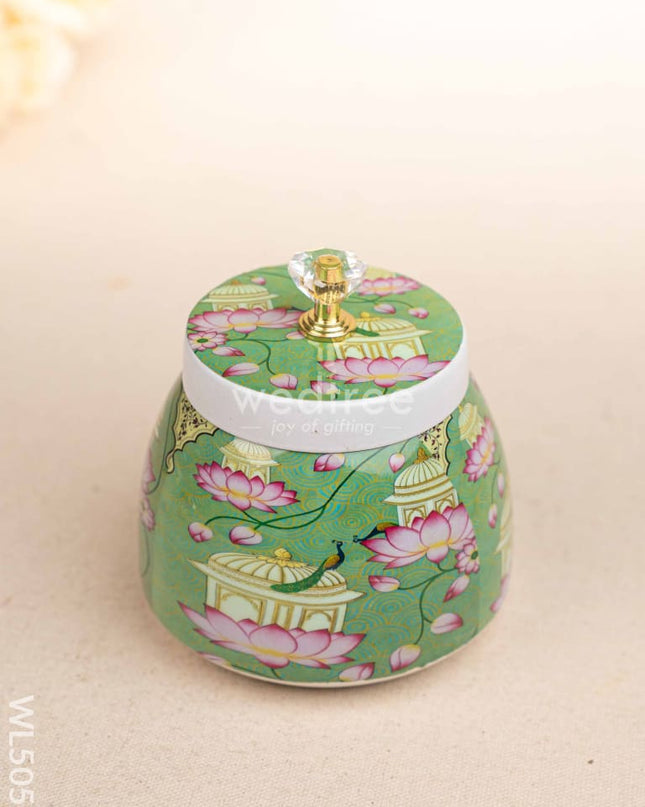 Mugal Art Themed Metal Tray with Dry Fruit Jar and Diya Set - WL5055