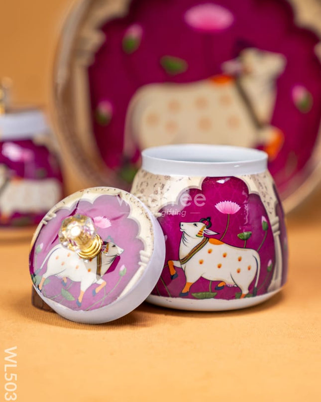 Pichwai Tray with Dry Fruit Jar (Set of 2) - WL5035