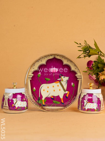 Pichwai Tray with Dry Fruit Jar (Set of 2) - WL5035