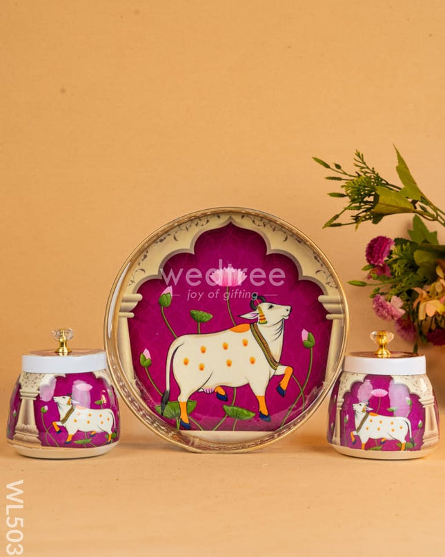 Pichwai Tray with Dry Fruit Jar (Set of 2) - WL5035