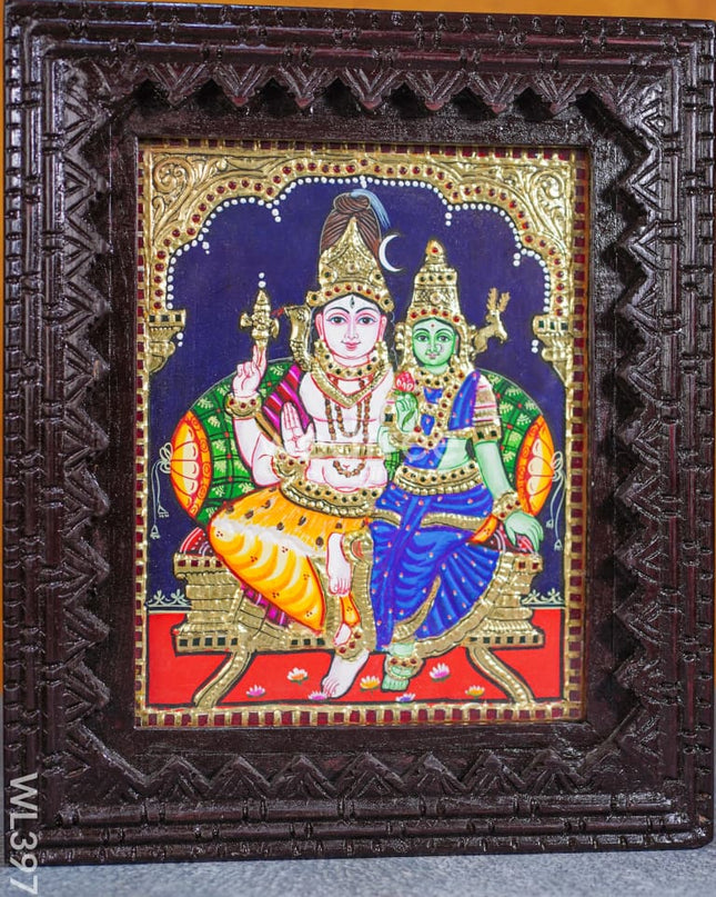 Tanjore Painting (Reverse Chettinad Frame) - Shivan-Parvati - Flat (Gold Foil) - 10x8 inch - WL3973
