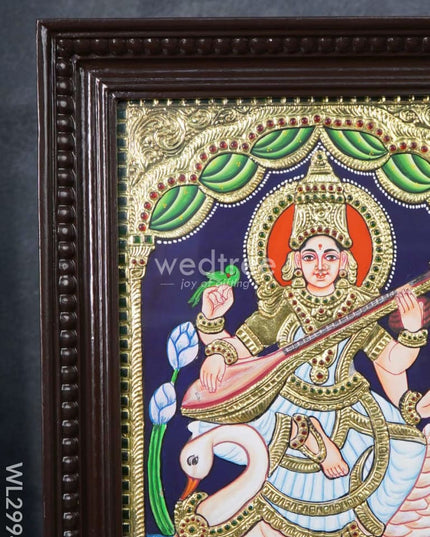 Tanjore Painting - Swan Saraswathi - Flat (Gold Foil) - 15x12 inch - WL2994