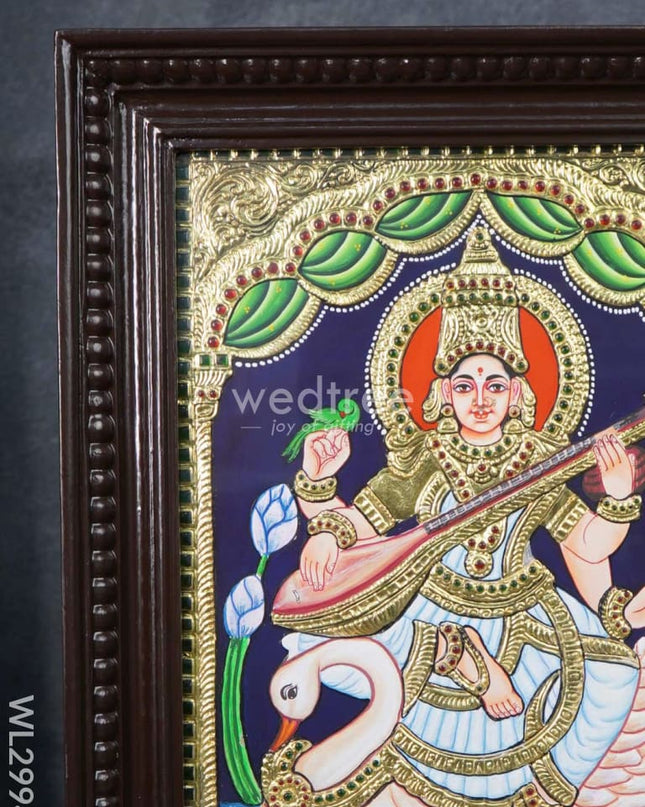 Tanjore Painting - Swan Saraswathi - Flat (Gold Foil) - 15x12 inch - WL2994