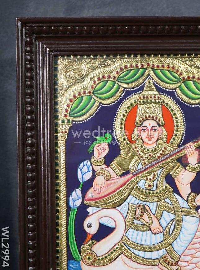 Tanjore Painting - Swan Saraswathi - Flat (Gold Foil) - 15x12 inch - WL2994