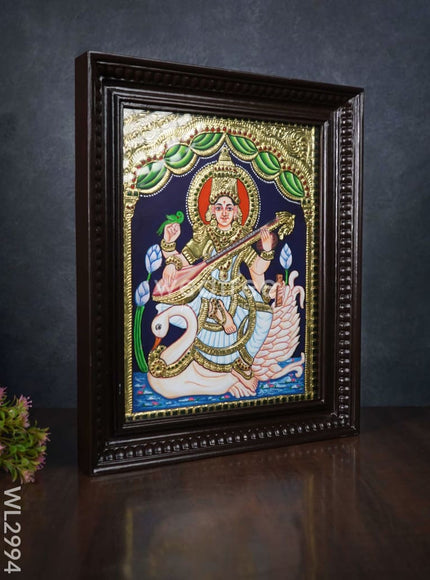 Tanjore Painting - Swan Saraswathi - Flat (Gold Foil) - 15x12 inch - WL2994